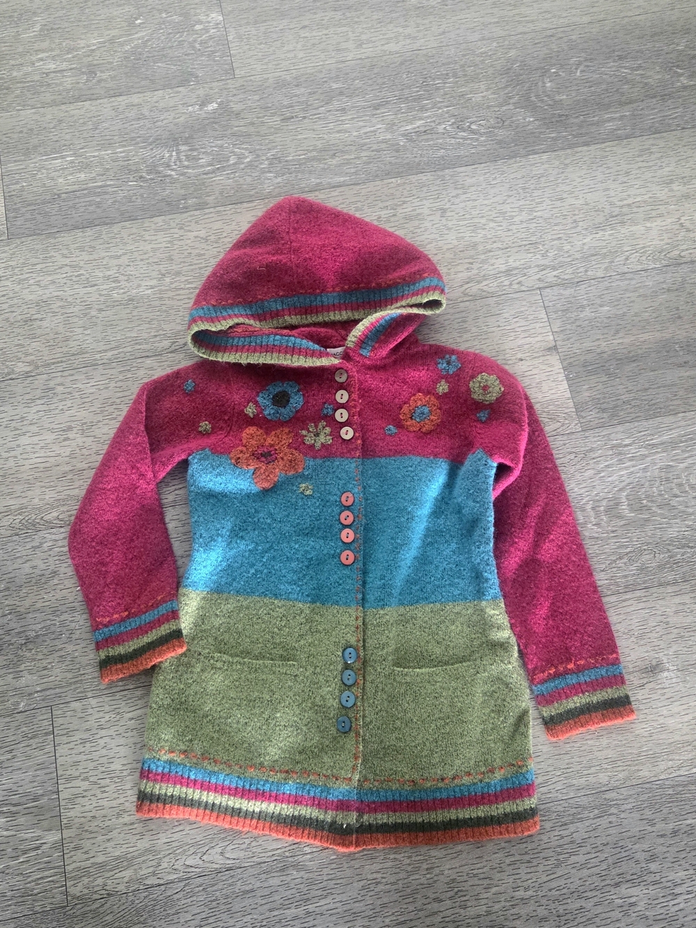 Maggie & Zoe Hooded Colorblock Knit Coat - Pink, Blue, Green